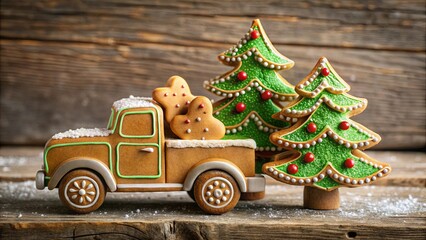 Christmas tree gingerbread cookies displayed in a festive gingerbread truck