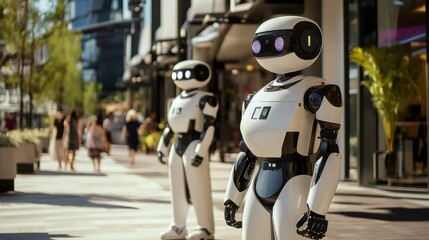 Two humanoid robots standing in front of a modern building with blurred people in the background.