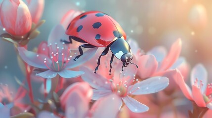 Close-up of a ladybug crawling over delicate botanical flowers, capturing its bright red color and intricate spots against a lush floral background