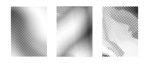 Wall Mural - Black and white grunge halftone gradient set. Gritty sand noise texture collection. Retro dotted pixel backdrop pack. Comic polka dot overlay with raster effect for banner, poster, flyer. Vector