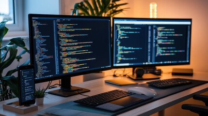 Modern Workspace with Dual Monitors and Code on Screen
