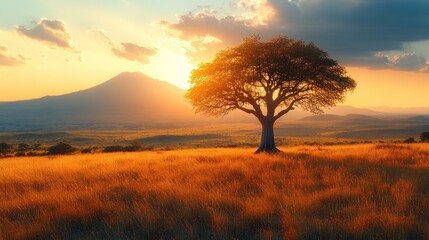 Wall Mural - Serene sunset over a vast landscape with a solitary tree.