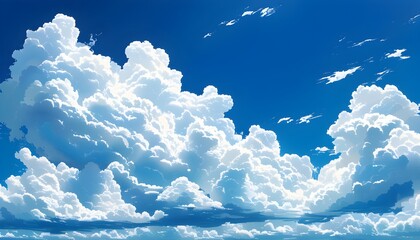 Vivid summer sky with fluffy white clouds and a deep blue canvas, radiating warmth and joy