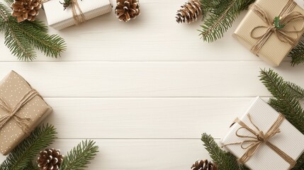 Poster - Christmas Presents on White Wood Background with Pine Branches