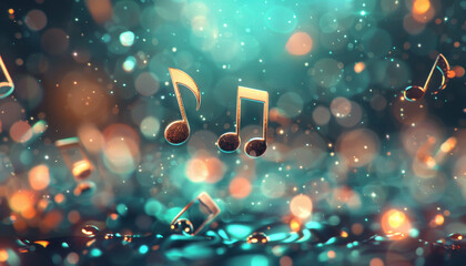 Wall Mural - Golden Music Notes on Teal Bokeh Background
