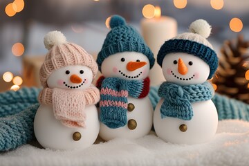 Cheerful Snowmen in Winter Wonderland with Bokeh Lights - Christmas Holiday Banner Background