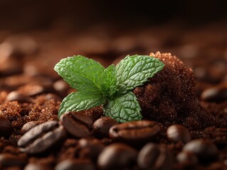 A close-up of a luxurious coffee peppermint scrub, with visible coffee grounds and fresh mint leaves, creating a natural and refreshing texture