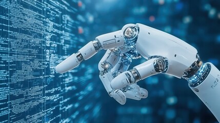 Wall Mural - robotic hand interacting with digital code on blue background