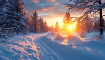 Enchanting winter scenery with sunlit pathway and snow-laden trees at dawn, ideal for seasonal and nature-inspired creations.