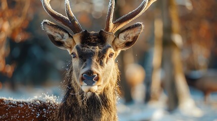 Close-up portrait of a red deer in cold weather, with its thick fur and breath visible in the frosty air