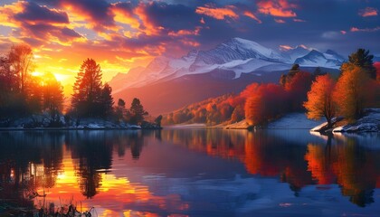 Enchanting autumn scenery with vibrant trees, tranquil lake, and stunning snow-capped mountains illuminated by a sunset sky