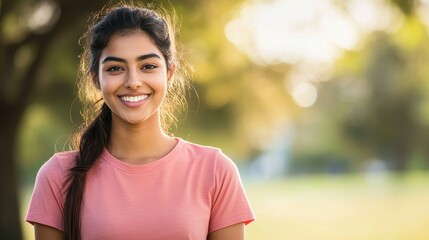 A woman with long hair and a pink shirt is smiling