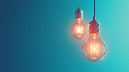 Two glowing light bulbs on blue background