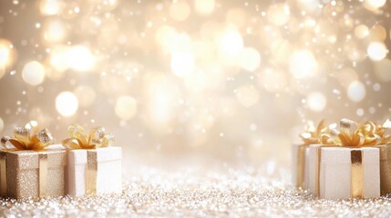 Wall Mural - Delicate gift boxes with shimmering golden ribbons are illuminated by enchanting bokeh lights, setting a festive mood for special occasions