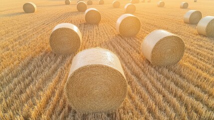 Wall Mural - Golden Hay Bales in a Field After Harvest Aerial View