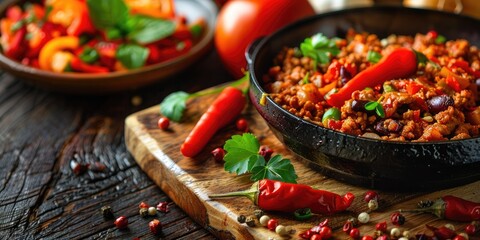 Wall Mural - Close-up of stuffed fried chili pepper filled with minced meat and vegetables