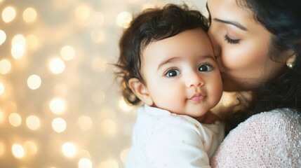 Wall Mural - A mother gently kisses her baby's cheek at home, cherishing a tender moment filled with love and warmth in a relaxed setting