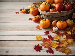 Poster - Fall and Autumn leaves on a whitewashed wood plank board