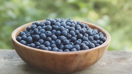 Sticker - A wooden bowl filled with fresh blueberries sits outdoors, showcasing its vibrant color against the natural background