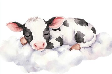 A charming watercolor illustration of a cute, little calf sleeping peacefully on a fluffy white cloud. The calf is black and white with soft, pink ears and a sweet expression on its face.  The image s