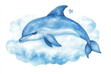 Wall Mural - A charming watercolor illustration of a cute, little dolphin sleeping peacefully on a fluffy blue cloud. The dolphin's closed eyes and gentle smile evoke a sense of tranquility, while the cloud symbol