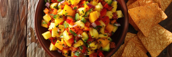 Poster - Tropical salsa made with pineapple, mango, orange, and papaya, served with cinnamon-spiced tortilla chips.