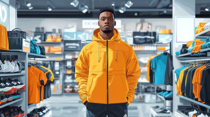 A dynamic vector illustration of man in an orange hoodie, standing confidently in sportswear store filled with colorful athletic apparel and shoes..