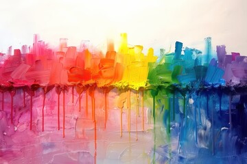 Wall Mural - Rainbow Liquid Flowing on White Background - Colorful Acrylic Paint Panoramic Banner Art