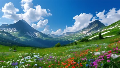 Vibrant mountain landscape featuring wildflowers, lush green meadows, and a bright blue sky with fluffy clouds