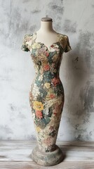 A vintage dress form mannequin displays a beautiful floral pattern, ideal for fashion design or home decor inspiration in a creative space