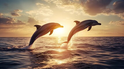 a pair of dolphins leaping together in the ocean at sunrise