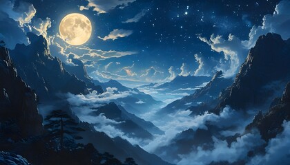 Mystical nighttime mountain landscape illuminated by a full moon, enveloped in misty clouds beneath a vast starry sky