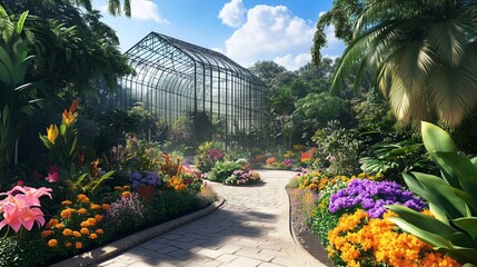 A vibrant garden with blooming flowers and a glass greenhouse surrounded by lush greenery on a sunny day