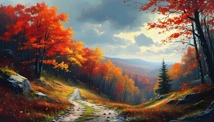 Winding path through a scenic autumn forest adorned with vibrant red, orange, and yellow foliage beneath a dramatic cloudy sky