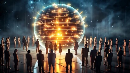 Group Surrounding a Glowing AI Quantum Computer Sphere in Futuristic Dome
