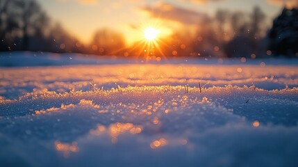 Wall Mural - Sunset illuminating snowy ground with sparkling frost.