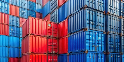 Close up of stacked blue and red shipping containers in a port, shipping, containers, blue, red, stacked, port, transportation