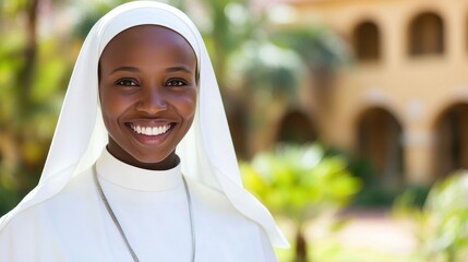 Portrait of a Smiling Black Nun in White Habit