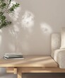 © Sue Tansirimas - Close up of wooden sofa with side table with books, beige fabric cushion, tree in sunlight on white wall for interior design decoration, lifestyle product background 3D