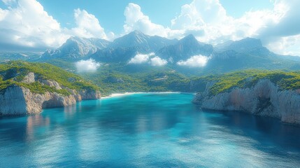 Wall Mural - Serene coastal landscape with mountains and clear blue water.