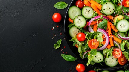 Wall Mural - Fresh Green Salad with Cucumber  Tomato  Carrot  Red Onion  Basil  and Sesame Seeds on Black Background