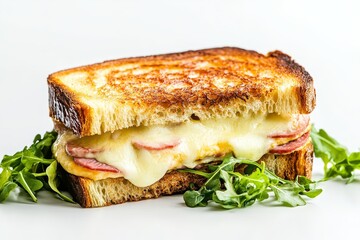 A delicious Croque Monsieur sandwich with melted cheese and ham, perfectly toasted and served on a white background. The sandwich is a classic French comfort food.