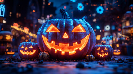 A glowing jack-o'-lantern amidst a dark, festive Halloween night atmosphere, radiating joy and spooky charm.