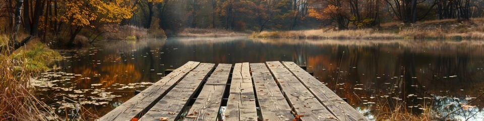 Wall Mural - Wooden structure beside a tranquil pond in autumn