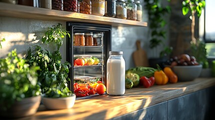 A stylish kitchen with fresh produce, herbs, and a small refrigerator.