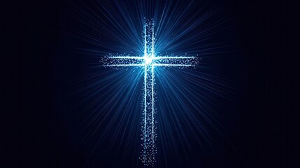 Poster - Glowing Blue Cross with Light Rays on Black Background