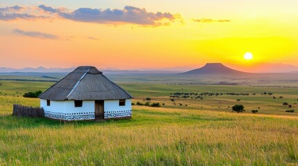 Sticker - Traditional African Hut in Grassy Landscape at Sunset