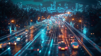 Futuristic City Highway at Night with Neon Lights and Traffic