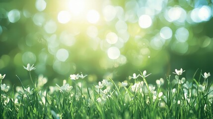 Sticker - Springtime White Flowers Blooming in Green Grass with Bokeh Background