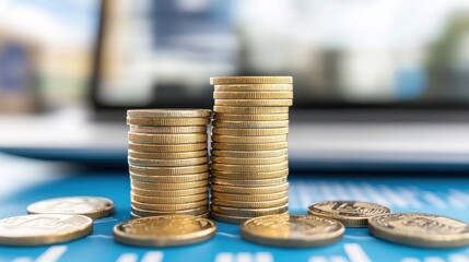 Sticker - Stacks of Coins on Blue Background with Laptop in Background